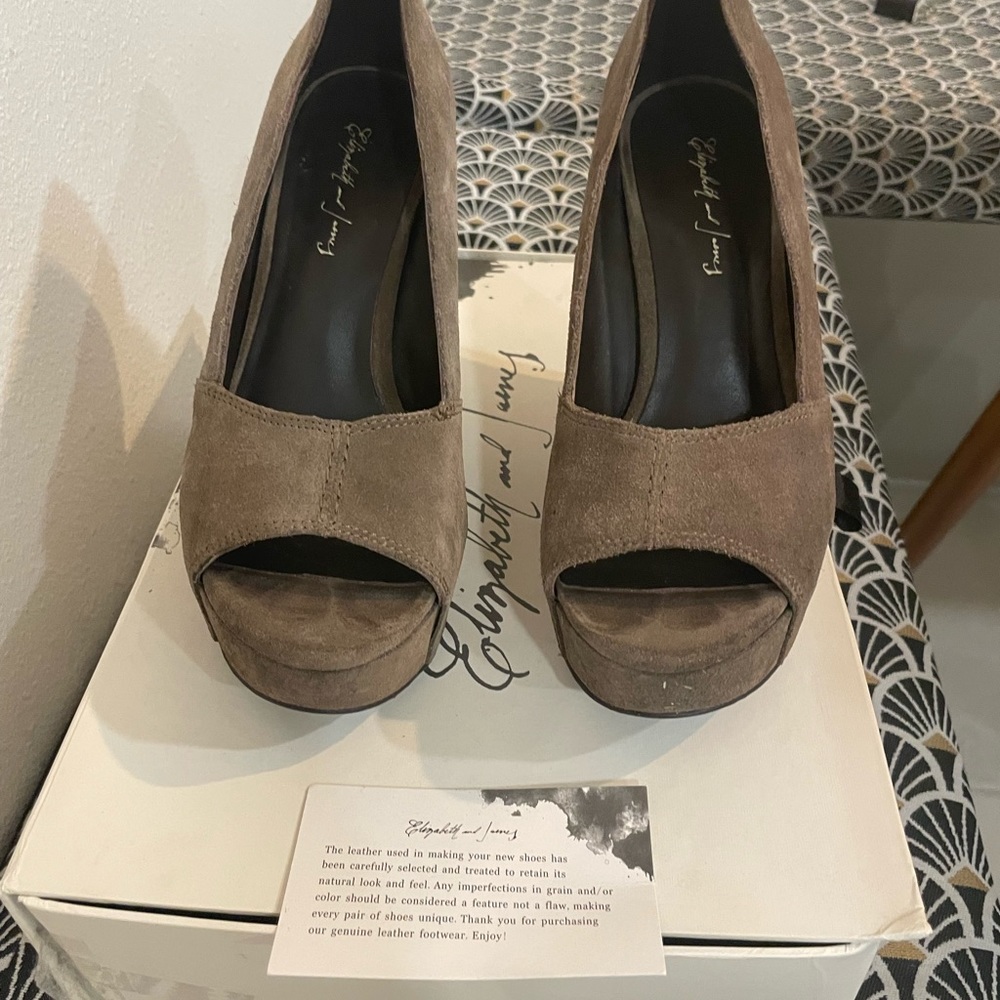 Elizabeth and James Taupe Suede wedges